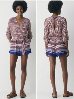 AVA New Boho Tribal Shorts Romper Jumpsuit V-Neck Festival Belt Neutral Summer S